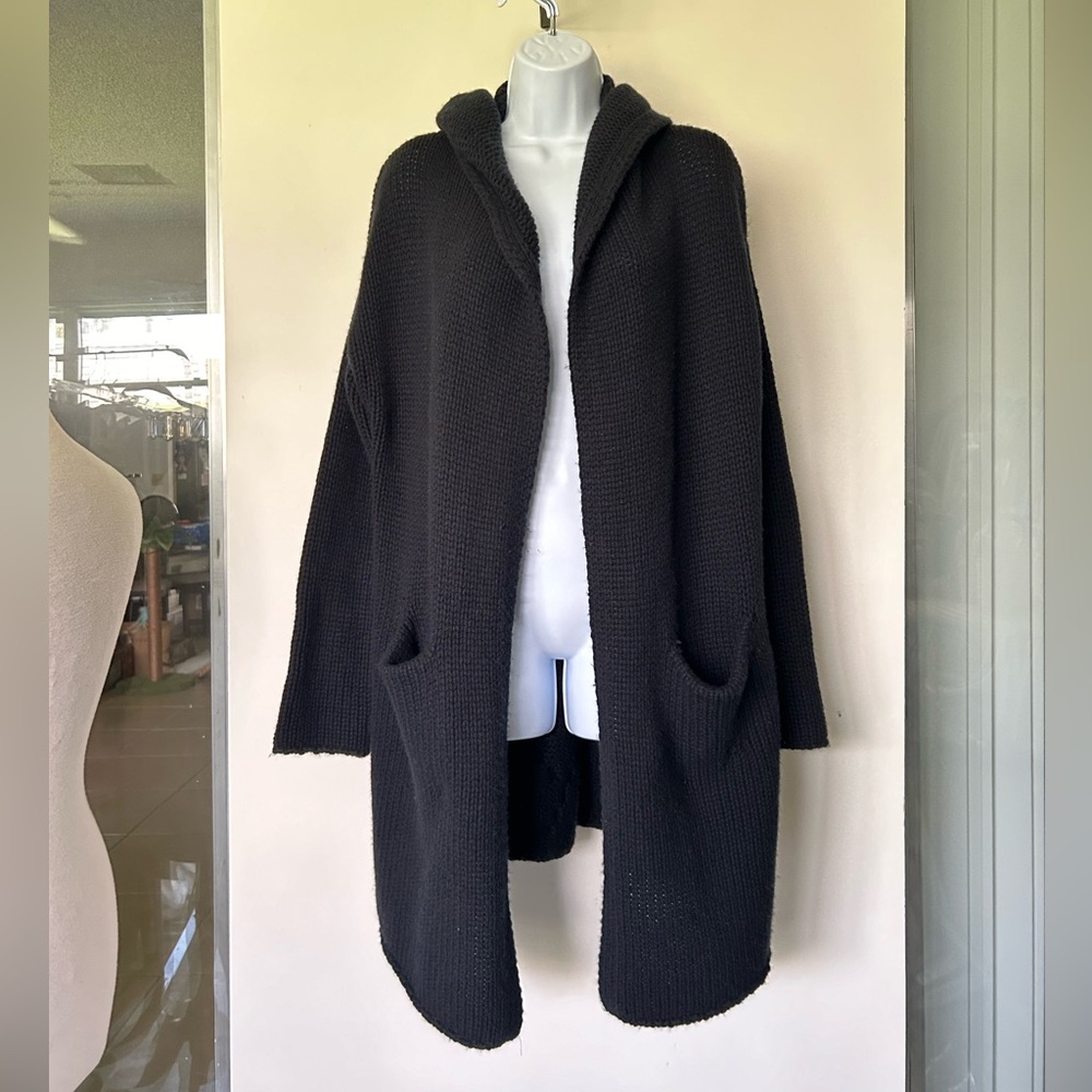 NakedCashmere Black Hooded Open-Front Knit Cardigan